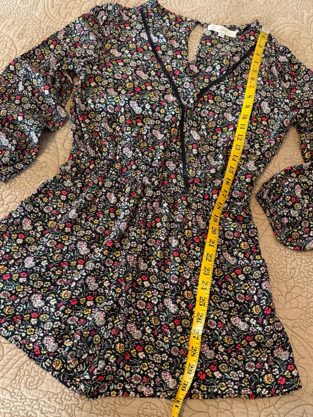 Y2K Ann Taylor Loft Floral Long-Sleeve Romper in Black Pink Cream Flowers, S - Picture 9 of 11